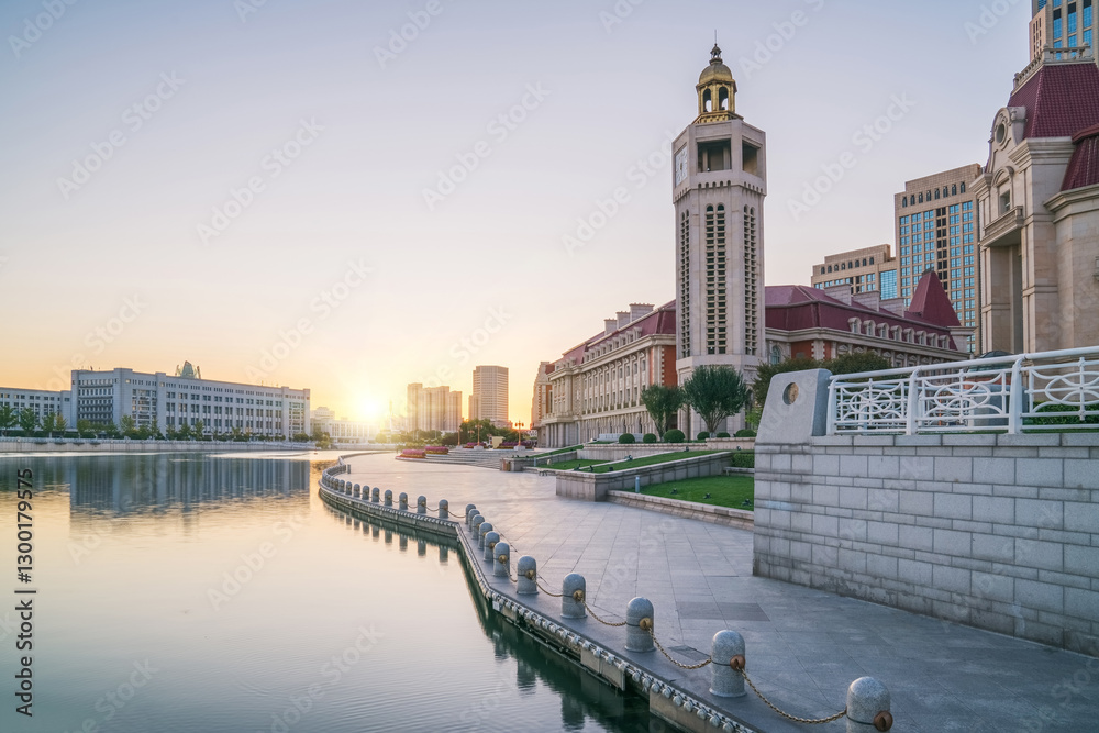 Fototapeta premium The urban architectural skyline, modern bridges, and Haihe River scenery of Tianjin, China on August 11, 2024