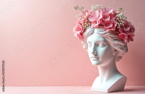 Creative concept plaster sculpture head adorned with fresh pink flowers on pastel pink background. Gypsophila add delicate touch. Surreal blend classic art with modern floral design aesthetic. Copy