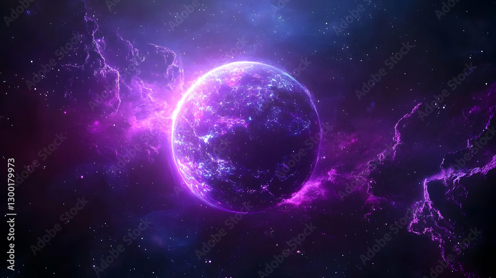 Obraz premium Glowing Purple Sphere In A Galaxy Nebula Space Background With Bright Stars