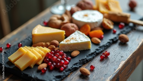 Luxurious cheese platter featuring assorted cheeses and fruits enjoyed in a cozy setting during evening hours
