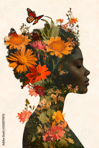 black woman with flowers and butterfly