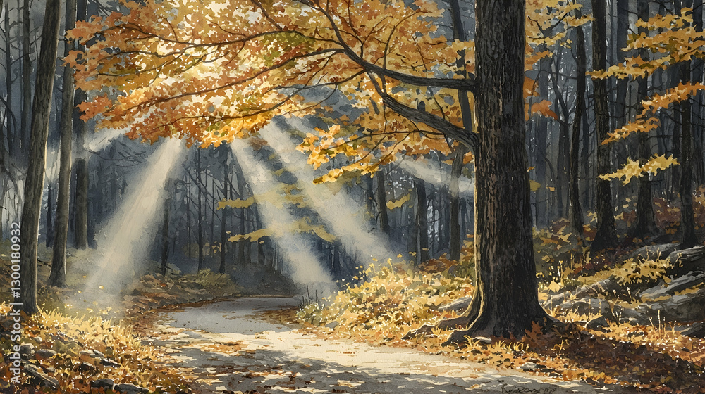 Sunbeams illuminate autumnal forest path, dappled light on trail, leaves, trees; peaceful nature scene for calendar, poster, or website Sunbeams illuminate autumnal forest path, dappled light on trail, leaves, trees; peaceful nature scene for calendar, poster, or website