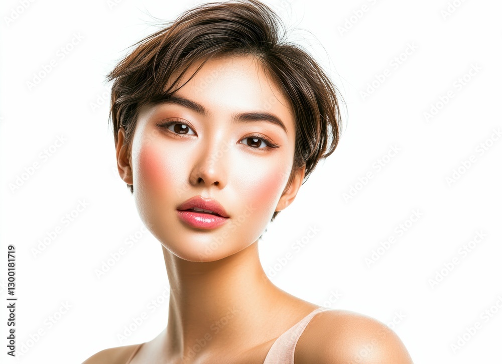Obraz premium Woman sports a stylish Pixie Cut, also known as Short Bob with Bangs or Layered Crop. The short layers and soft bangs enhance her youthful elegance. It is timeless, low maintenance look.