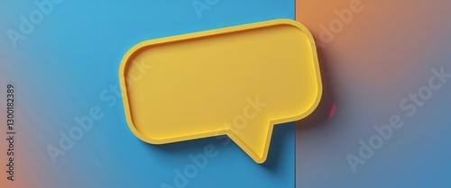 there is a yellow and blue speech bubble on a blue and orange background