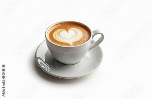 Isolated cutout of cappuccino cup with heart shape latte art. Hot milk beverage in white mug on saucer for breakfast. Caffeine drink for cafes, transparent background.