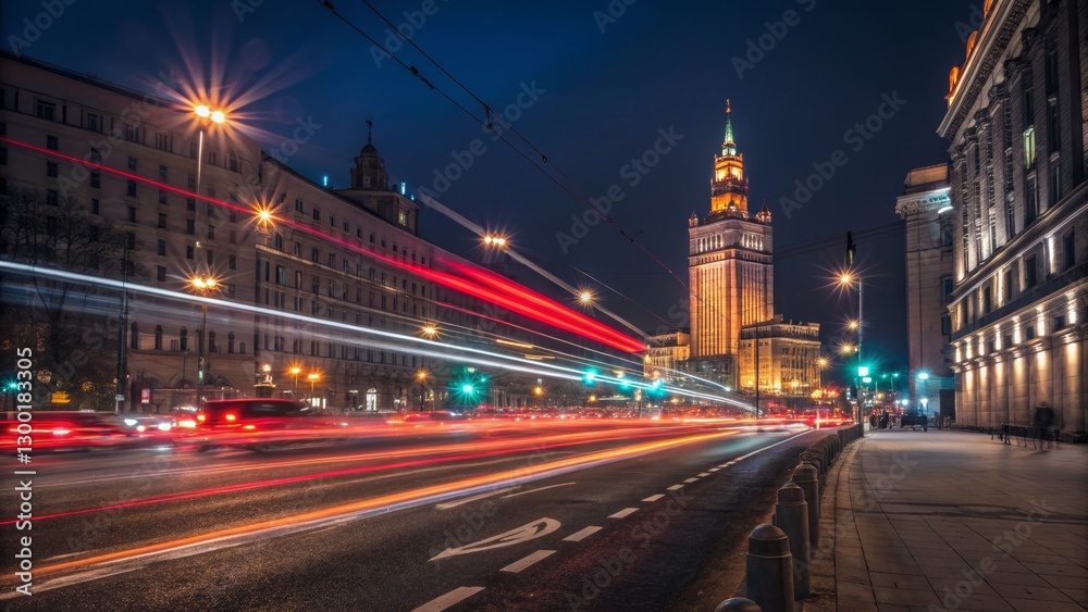 Fototapeta premium Warsaw Palace of Culture and Science Night Lightscape, Long Exposure Photography, Cityscape, Poland, Night Photography, Urban, Light Trails Warsaw