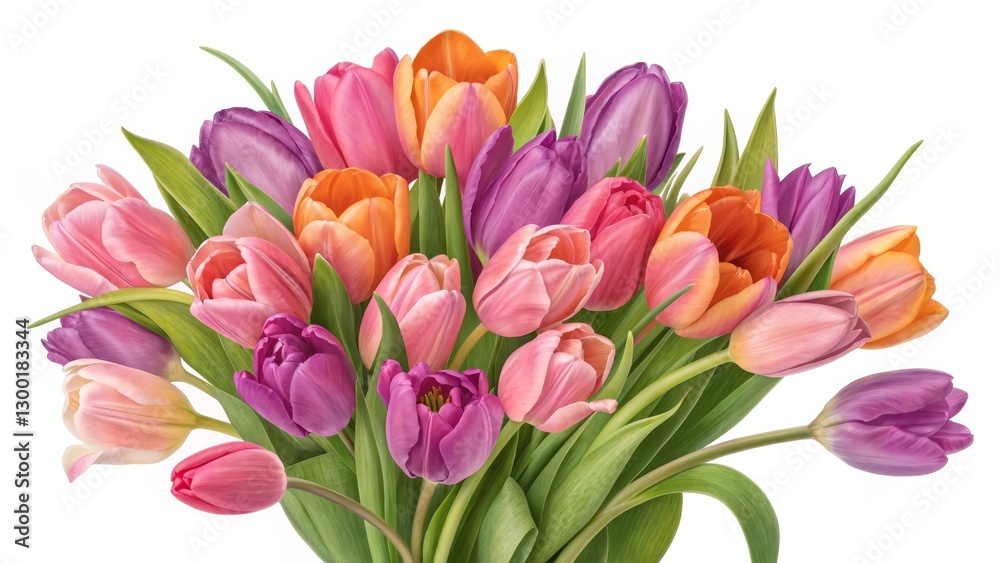 Obraz premium Vibrant Tulip Bouquet Close-Up Composition of Pink, Purple and Orange Tulips, Spring Flowers, Floral Photography, Tulip Arrangement Spring Flowers, Floral Photography