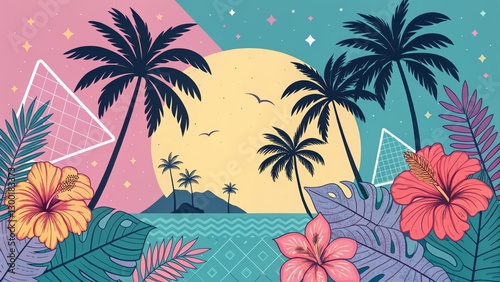 Tropical Sunset Geometric Palm and Hibiscus Illustration, Summer, Beach Summer, Vacation