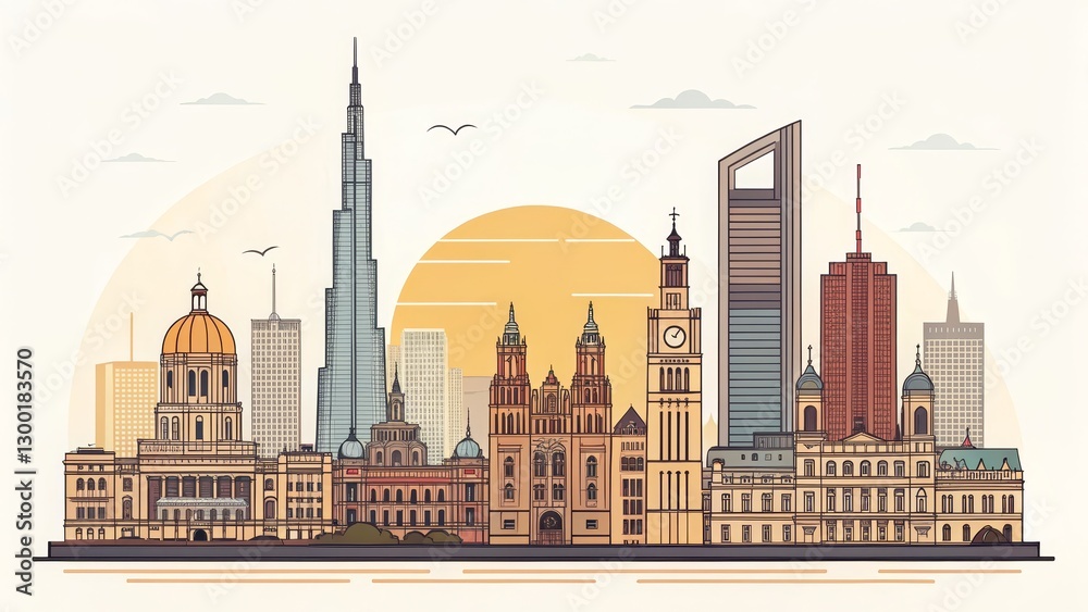 Obraz premium Sunset Cityscape Line Art Composition, Global Architecture, Urban Skyline, Illustration, City Icons Cityscape, Architecture