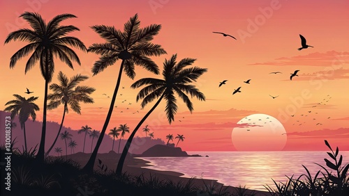 Sunset Beach Silhouette Palm Trees, Ocean, Birds, Illustration, Tropical, Paradise, Beach scene Tropical