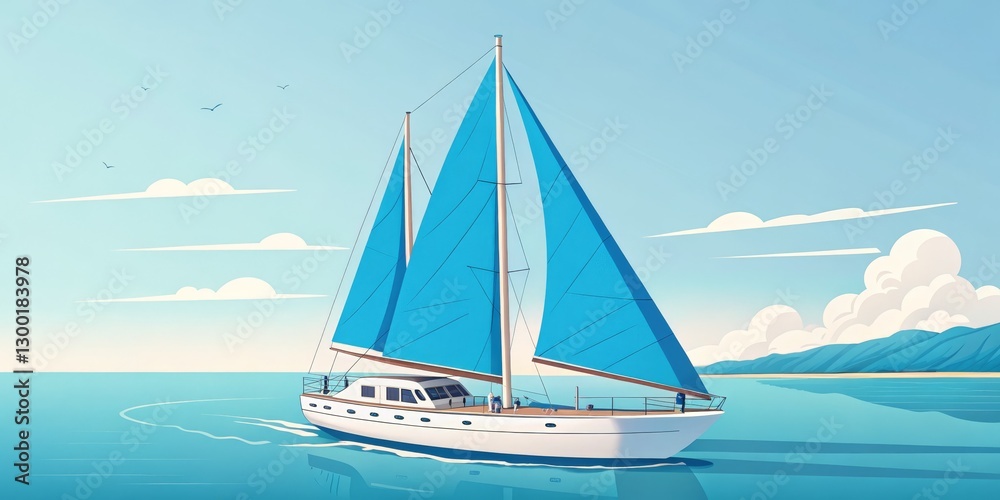 Obraz premium Sailing Yacht at Sea Low-poly, Blue Sails, Ocean Landscape, Summer, 3D Render. Sailing, Yacht