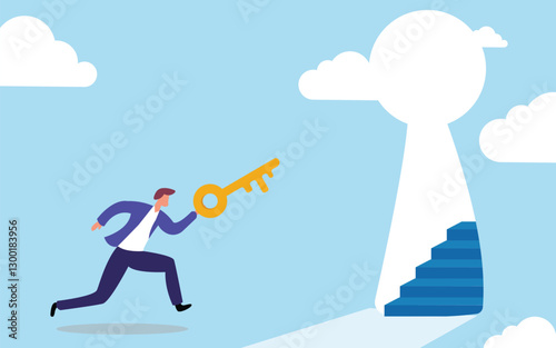 businessman running on the ladder hold the key and unlock the hole