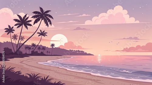 Pink Sunset Beach Illustration of Tropical Island Scene, Palm Trees, Ocean Waves, Pastel Colors, Summer Vacation beach illustration, tropical landscape