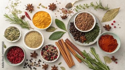 Fototapeta Naklejka Na Ścianę i Meble -  Overhead Flatlay of Assorted Spices and Herbs, Culinary Ingredients, Food Photography, Spice Blend, Spice Rack Spice Photography, Herb Photography