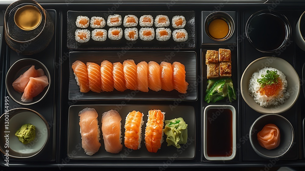 A top-down view of a first-class sushi and sashimi meal, showcasing a meticulously arranged selection of otoro, ebi nigiri, and salmon sashimi, A top-down view of a first-class sushi and sashimi meal, showcasing a meticulously arranged selection of otoro, ebi nigiri, and salmon sashimi,