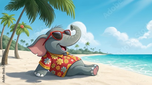 Happy Elephant on Tropical Beach Digital Painting, Summer Fun, Island Paradise, Cartoon Animal, Vacation Elephant Illustration, Tropical Beach