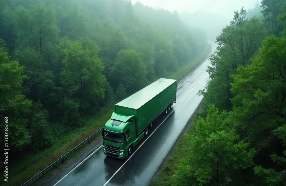 Aerial shot of green semi-truck on highway through green forest. The truck is transporting goods and services as part of a logistic network. Concept of eco-friendly transportation, green economy. Aerial shot of green semi-truck on highway through green forest. The truck is transporting goods and services as part of a logistic network. Concept of eco-friendly transportation, green economy.
