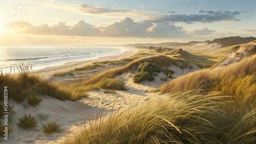 Golden Hour Coastal Dunes Landscape Photography, Sunset Beach Scene, Sandy Path, Grassy Hills, Ocean View, Nature, Coastal Scenery sand dune