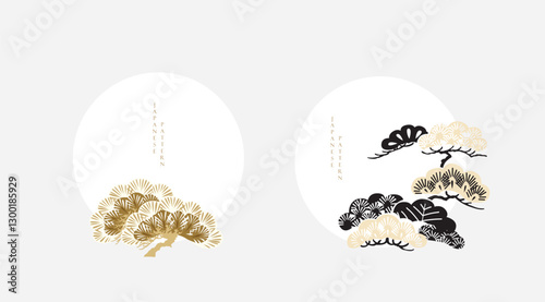 Black and white bonsai tree or pine tree elements. Japanese background with Asian traditional icon vector. Natural art with brown background in vintage style
