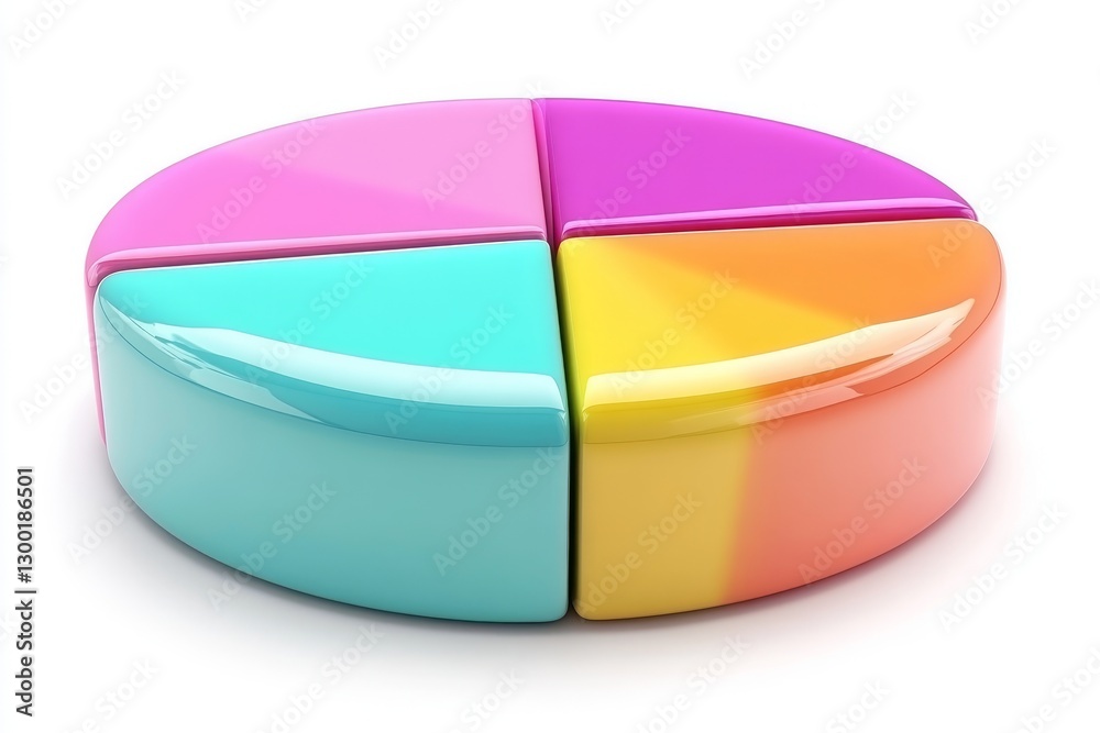 Fototapeta premium A dynamic 3D pie chart, featuring five colorful slices in blue, red, yellow, green, and pink, effectively showcases the distribution and segmentation of data