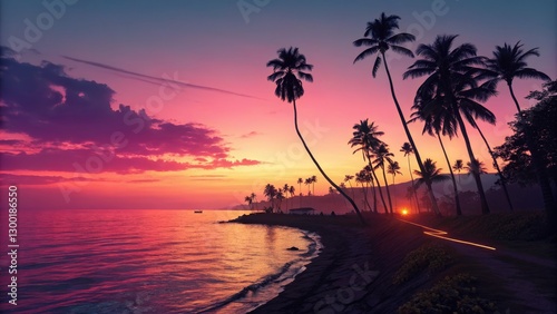 Vibrant Sunset Seascape Palm Trees Silhouette, Pink Sky, Coastal Path, Tropical Beach, Sunset Photography Tropical, Palms