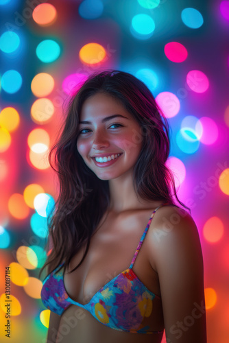 A vibrant close up of a beautiful woman smiling, featuring her lively expression against a dreamy multicolored bokeh background.