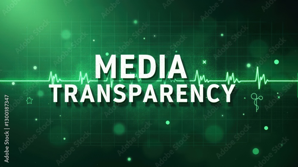 A stock illustration that represents the concept of Media transparency in Green and silver colors, with bold typography and metaphors of Medical cross and heartbeat lines A stock illustration that represents the concept of Media transparency in Green and silver colors, with bold typography and metaphors of Medical cross and heartbeat lines