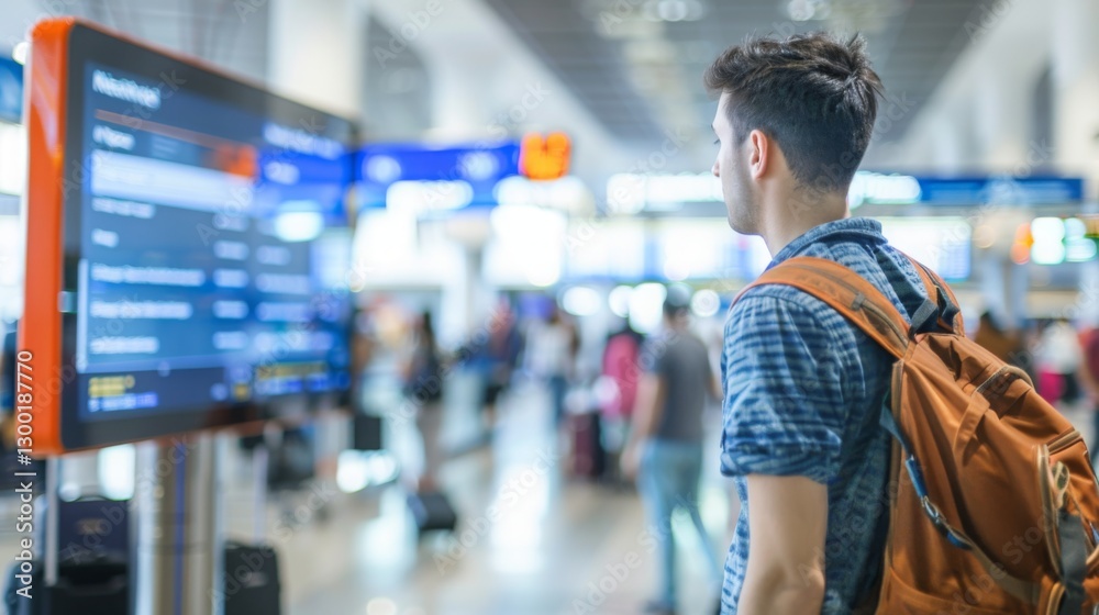 Man standing at airport terminal, gazing at large digital screen showing immigration policies, amidst bustling crowd and luggage, highlighting importance of travel regulations and border control infor Man standing at airport terminal, gazing at large digital screen showing immigration policies, amidst bustling crowd and luggage, highlighting importance of travel regulations and border control infor