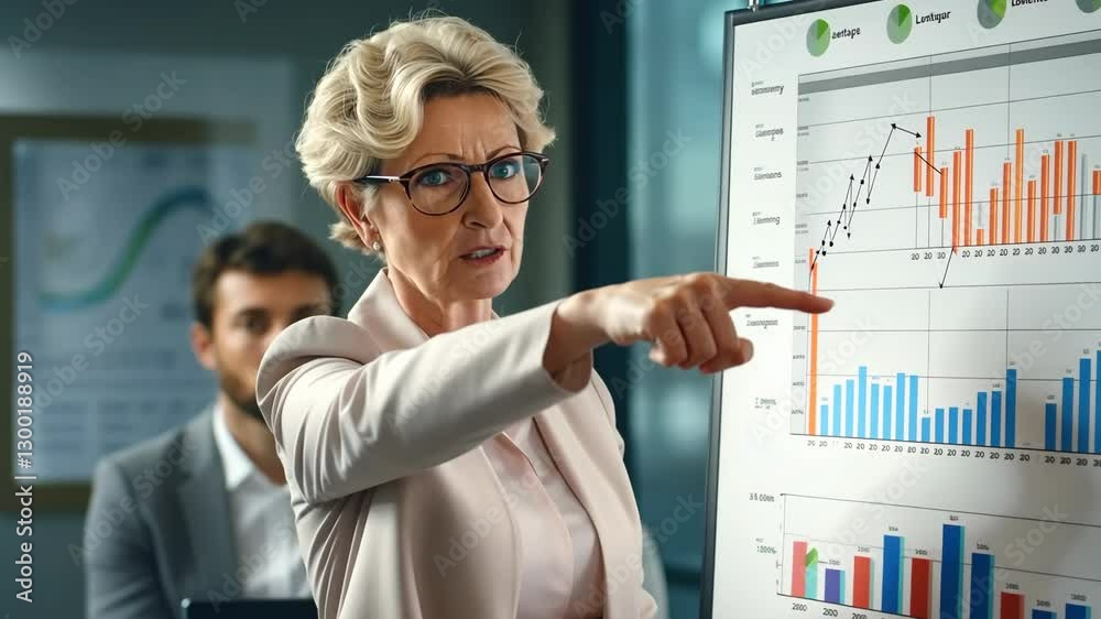 focused elderly businesswoman explaining the results of marketing research in the form of graphs to colleagues. A concentrated group of diverse employees brainstorms, discussing project ideas.