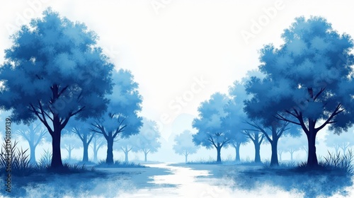 A stock illustration representing Media transparency in Blue and white, incorporating rough textures, trees, and protest signs as metaphors, with visual hierarchy and spatial complexity.