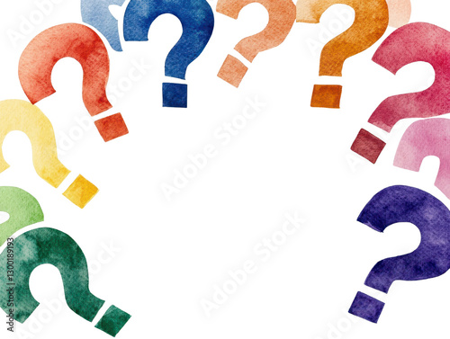 Colorful watercolor question marks arranged in semi circle on transparency background