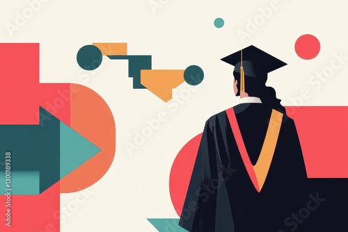 A graduate in cap and gown looks towards abstract shapes