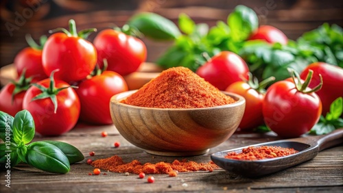 Fototapeta Naklejka Na Ścianę i Meble -  Tomato powder in a bowl with a blurred background of fresh tomatoes and herbs on the kitchen counter, food preparation, kitchen