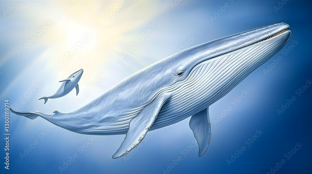Majestic blue whale and calf in ocean sunlit waters Majestic blue whale and calf in ocean sunlit waters