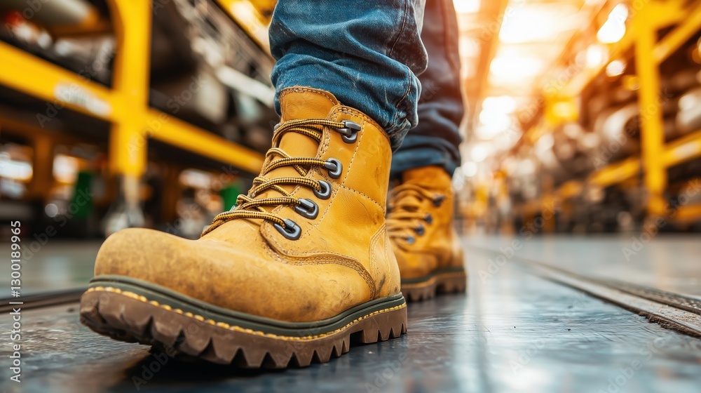 Close-up of worker wearing sturdy yellow safety boots walking in an industrial warehouse with metal flooring Close-up of worker wearing sturdy yellow safety boots walking in an industrial warehouse with metal flooring