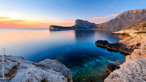 Coastal Sunrise Over Calm Bay Waters Reflecting Golden Sky with Rugged Cliffs in Background