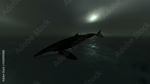 Whale in dark ocean, misty sunrise, wildlife, conservation