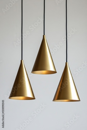 Gold cone pendant lights hanging, minimalist background, interior design photo