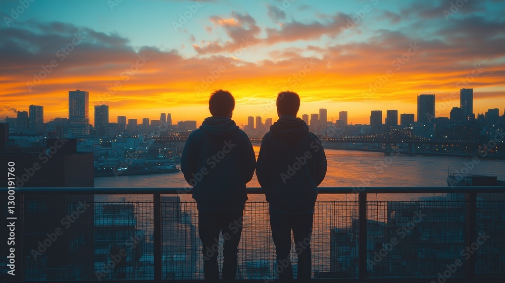Fototapeta premium Two people standing on a balcony overlooking a city skyline moment together