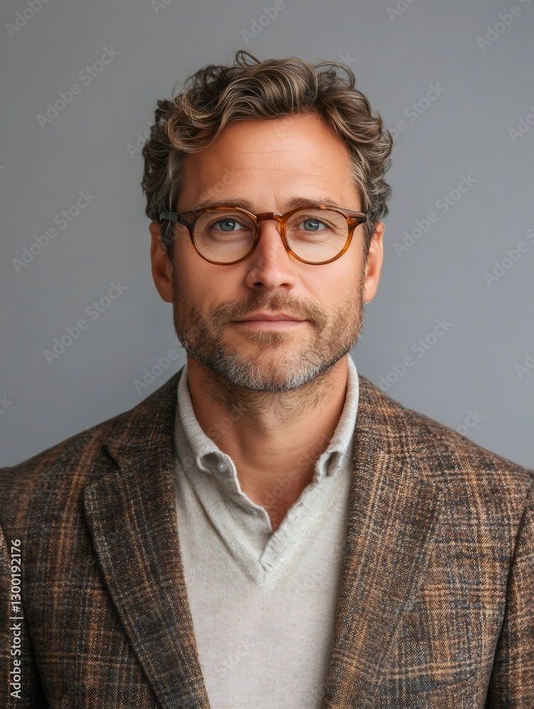 Portrait of confident middle aged man wearing stylish blazer and glasses posing on gray background Portrait of confident middle aged man wearing stylish blazer and glasses posing on gray background
