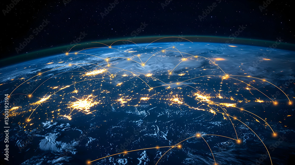 Obraz premium View Of Earth From Space At Night With City Lights And Connected Lines Representing Networks