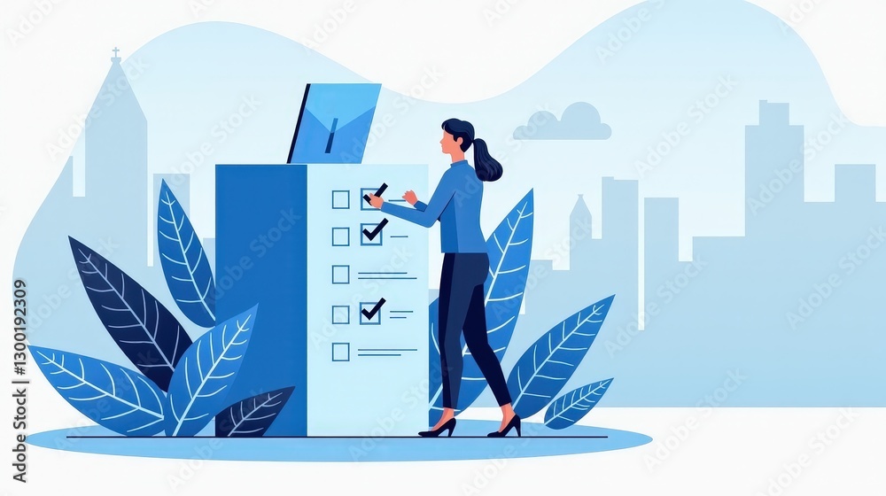 Obraz premium A stock illustration representing the concept of Climate action in Blue and white, with clean lines and metaphors of ballots and check marks