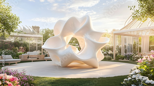 Abstract sculpture garden art installation, sunlit outdoor luxury estate, tranquil background photo