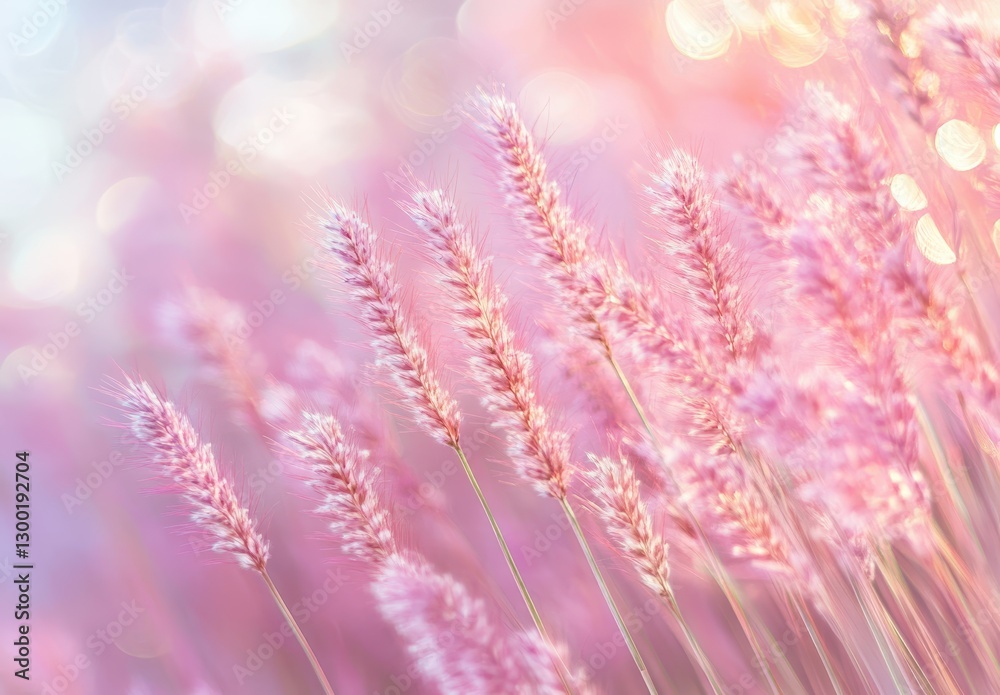 Obraz premium Delicate Pink Grass Blossoms Against a Dreamy Bokeh Background with Soft Lighting and a Tranquil Atmosphere for Nature Lovers and Floral Enthusiasts