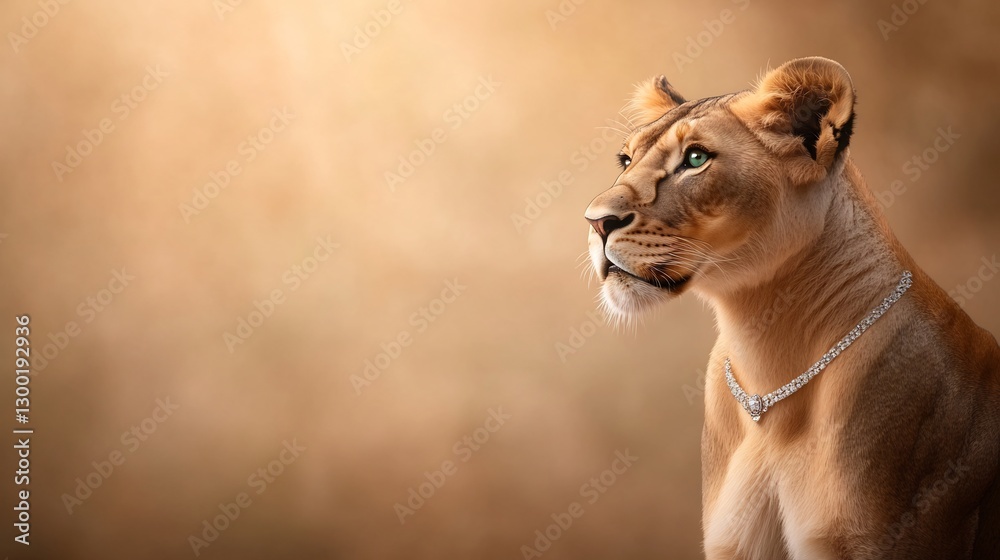 Fototapeta premium luxury lioness, emerald gown, diamond necklace
