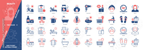Beauty icon set. Massage, Sauna, Healthy Lifestyle, Sunbath, Beauty Care, Flip Flops, Towel, Lipstick, Hair Salon. Duotone color solid and editable outline icons