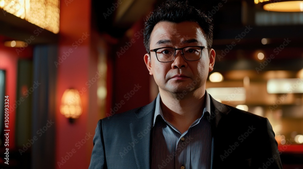 Professional Man in Suit Posing Confidently in Elegant Restaurant Atmosphere Professional Man in Suit Posing Confidently in Elegant Restaurant Atmosphere