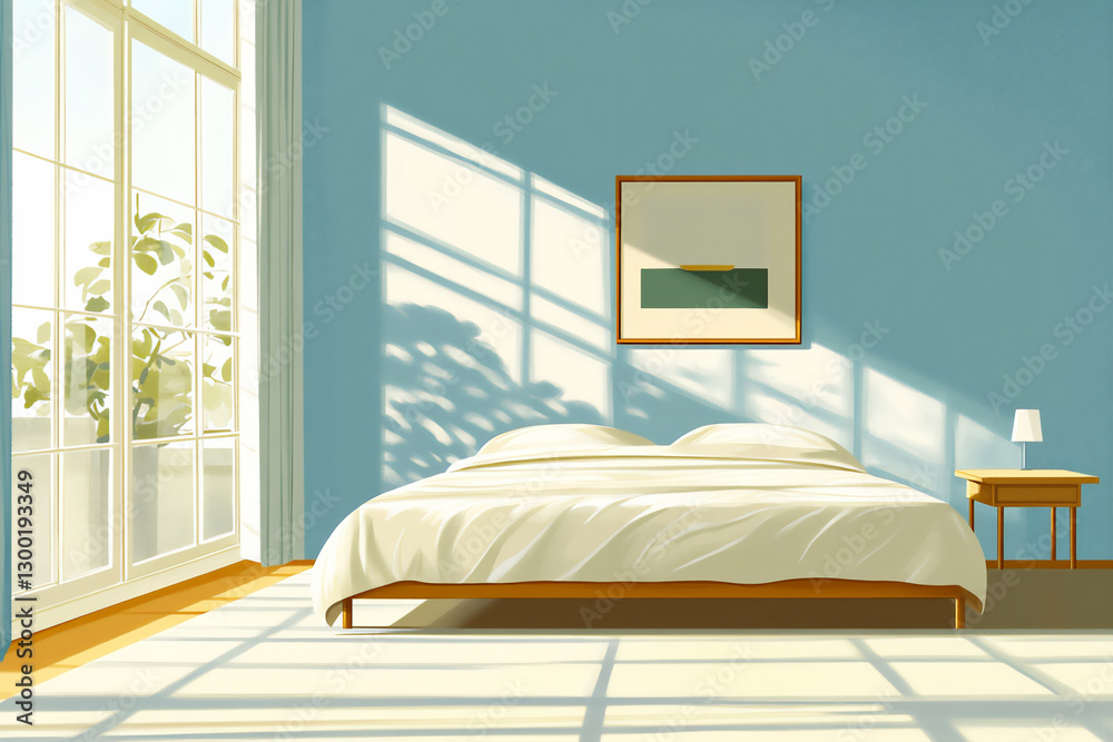 Fototapeta premium a minimalist cartoon illustration of an empty bedroom with a bed,
