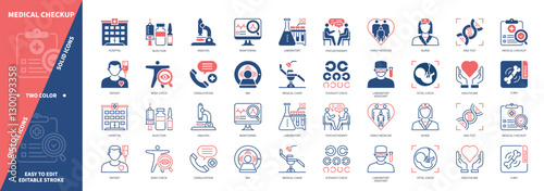 Medical Checkup icon set. Patient, Laboratory, Analysis, Consultation, Hospital, Fetal Check, Nurse, DNA Test. Duotone color solid and editable outline icons