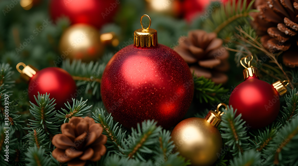 Fototapeta premium Festive Close-up Red and Gold Christmas Ornaments Pine Cones Green Pine Needles Christmas Holiday Decorations Ideas Inspiration Decorating